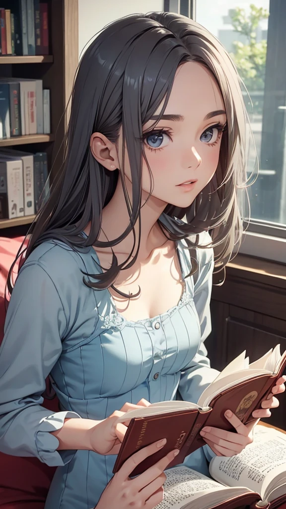 Gal、Wearing a one-piece dress、Bedroom、Reading a book、Close-up of face、、hair is gray、Around 25 years old、Anime style illustrations