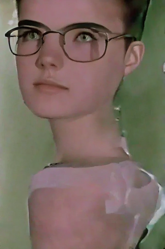 (realisitic. 2010 modern ambience. not too much yellow exposure light. pale light*) (work of art, best qualityer:1.2), Kizi, front face, standing alone. short black hair, Pixie. Kizi, very clear and crystalline green eyes, wearing Harry Potter glasses. she has short PIXIE hair and messy like a boy&#39;s messy hair, men&#39;s haircut. she is 15 years old, she is wearing an 80s outfit. adolescent. beautiful. She is thin and has a thin, bony face.. 
