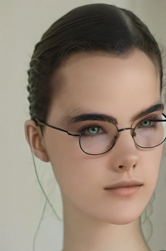 (realisitic. 2010 modern ambience. not too much yellow exposure light. pale light*) (work of art, best qualityer:1.2), Kizi, front face, standing alone. short black hair, Pixie. Kizi, very clear and crystalline green eyes, wearing Harry Potter glasses. she has short PIXIE hair and messy like a boy's messy hair, men's haircut. she is 15 years old, she is wearing an 80s outfit. adolescent. beautiful. She is thin and has a thin, bony face..
