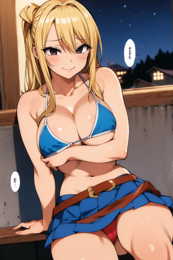 masterpiece, best quality, highres, lucy heartfilia, blonde hair, long hair, large breasts, bikini top, belt, blue skirt, outdoor,night,cleavage,