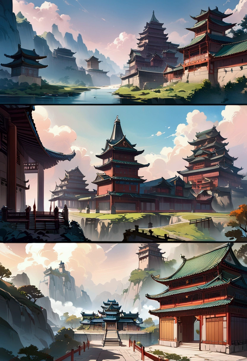 Highest quality,masterpiece,Chinese style castle,landscape,There are no humans,Fantasy,Charming streetscape,Concept Art,Fantasy,high resolution,4K,Atmospheric,Detailed Description