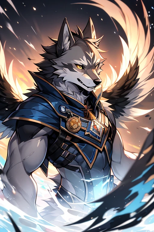 solo, Male, , wolf, grayish-blue fur, dark gray markings, amber eyes, light blue sectoral heterochromia, leathery wings, pale gray to light brown, wolf ears, sharp canines, thin muscular build, predator's grace, tutelage, royal heritage, fiercely protective, eternal optimist, dry humor, gentle nature, enigma, silent guardian, cross-dimensional friendship, young, thin fit lean body,