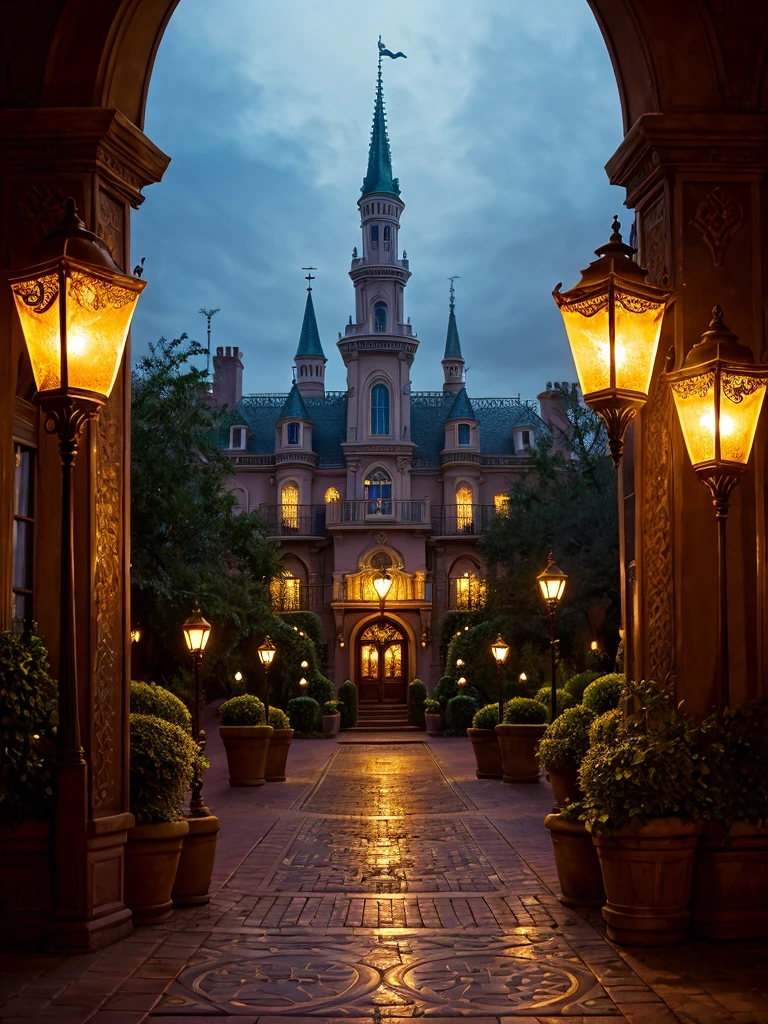 photographic background with motifs and details of Disney's princess and the frog, cinematographic lighting, 8k, super detailed