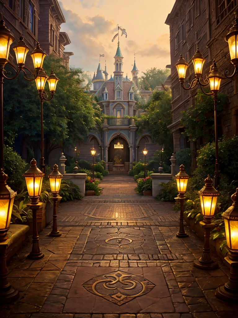 photographic background with motifs and details of Disney's princess and the frog, cinematographic lighting, 8k, super detailed