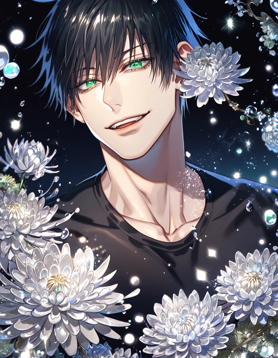 absurdres, highres, ultra detailed, HDR, master piece, best quality, extremely detailed, Fushiguro Touji, straight black hair, expressive green eyes, Jujutsu Kaisen, solo, sexy man, handsome, smile, black tight shirt, fantasy, water, sparkling, silver glittering fireflies, silver moon, silver blossoms, silver chrysanthemums, silver sparkling lights, starry sky, magical