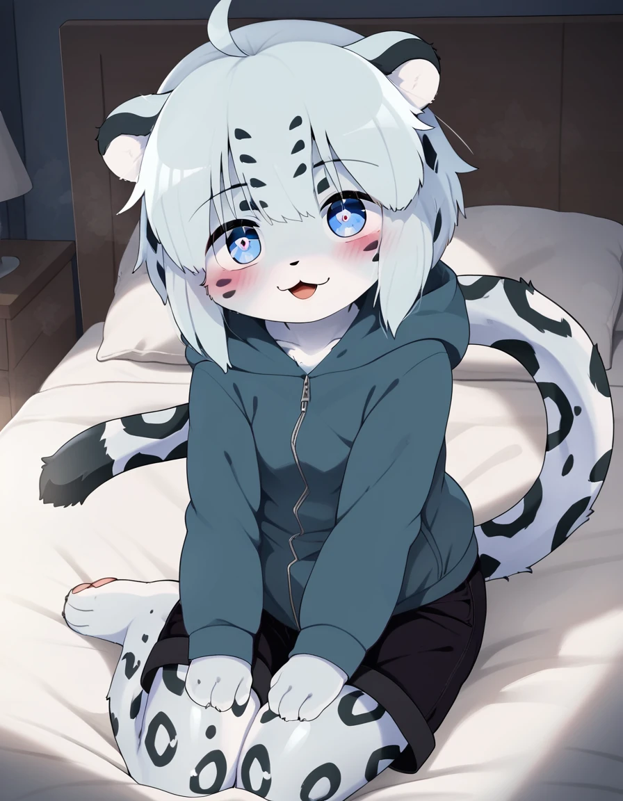 solo, 1girl, female, dagasi_style, cheetah white skin,, furry, kemono, anthro, cute face, young, white hair, blue eyes, fluffy body, body fur, short hair, ahoge, bangs, animal ears, tail, leopard ears, leopard tail, detailed eyes, brilliant eyes, 4 fingers, pawpads, perfect anatomy, detailed skin, detailed eyes, detailed lips, perfect hands, perfect face, happy, :D, BREAK black shorts, short shorts, hoodie, hood, BREAK seated on bed, bed, bedroom, blue room, looking at viewer, indoors, colorful, dutch angle, BREAK ((ultra-detailed)), ((best quality)), ((best quality)), ((beautiful eyes)), ((extremely detailed)), 4K, (8K), best quality, (beautiful), Master piece, highres, score_9, score_8_up, score_7_up, score_6_up, colorful, best quality, official art, highres, masterpiece, nai3, god light, detailed background, high quality background,AddXL