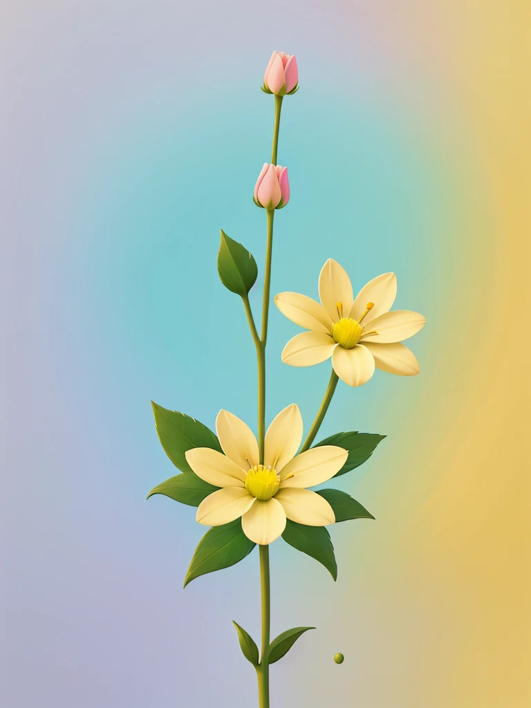 create a minimalist image with paint strokes style. put small details about nature in pastel colors. place a delicate flower in the center in yellow . 