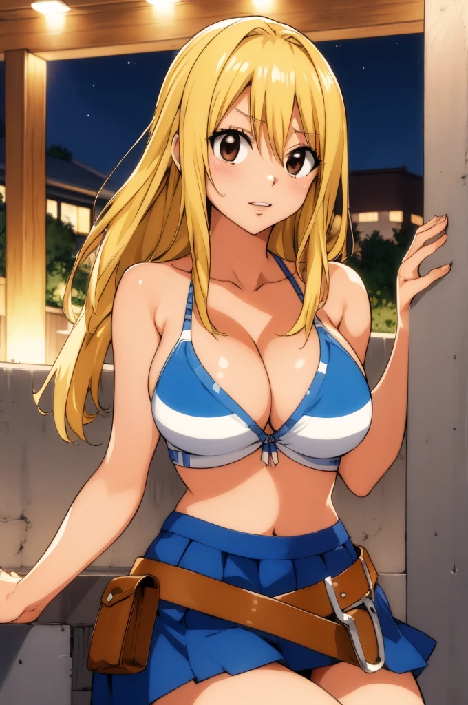 masterpiece, best quality, highres, lucy heartfilia, blonde hair, long hair, large breasts, bikini top, belt, blue skirt, outdoor,night,cleavage,
