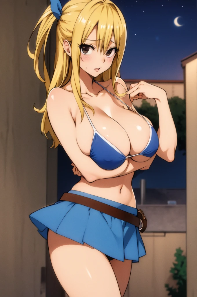 masterpiece, best quality, highres, lucy heartfilia, blonde hair, long hair, large breasts, bikini top, belt, blue skirt, outdoor,night,cleavage,