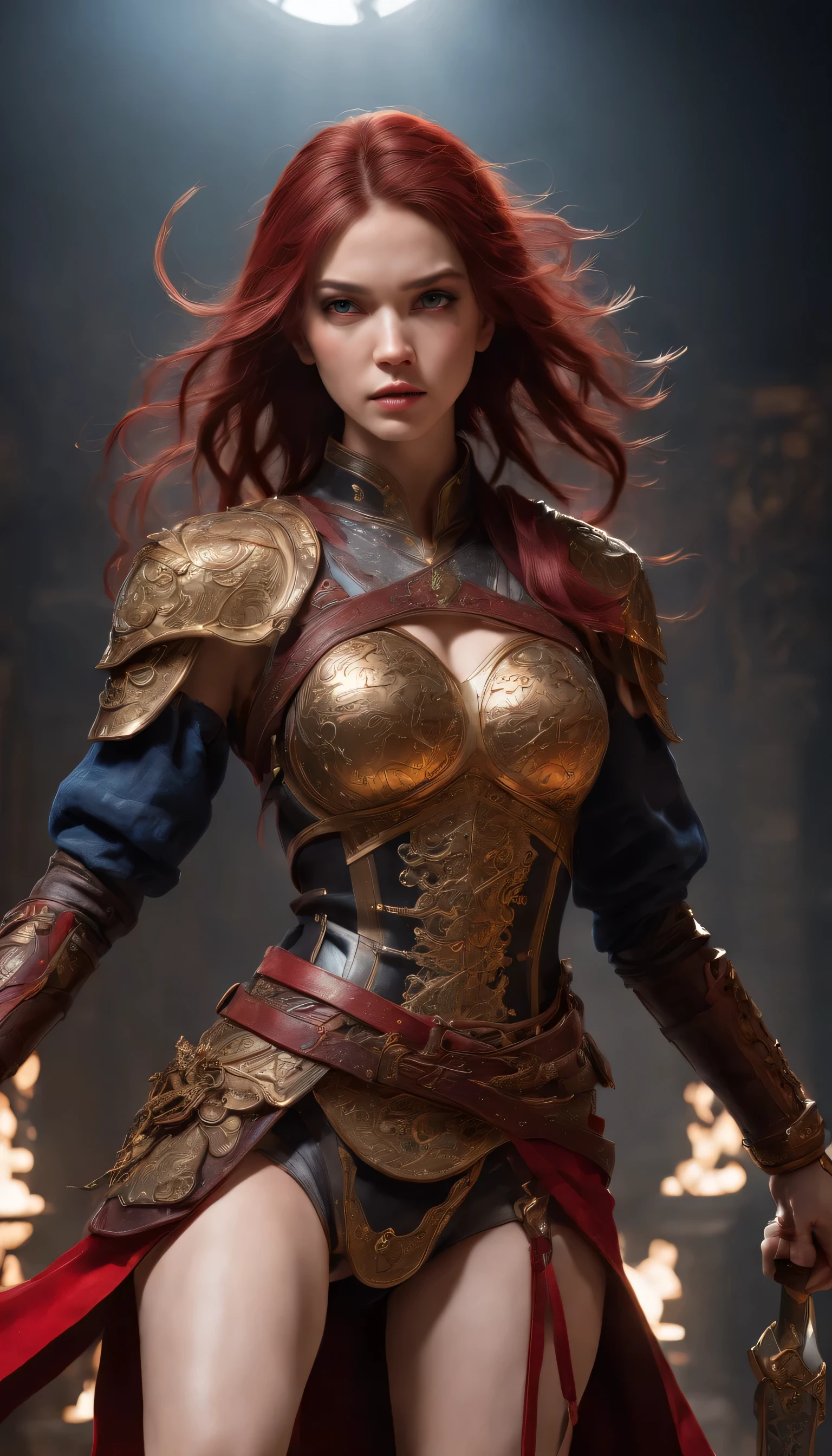 tall woman, muscular and defined, Detailed armor, Red and gold engraved leather cuirass, intricate designs on the breastplate, intricate breastplate engravings, imposing and powerful posture, fierce expression, red wild mane braided hair, dynamic pose, intense battle scene, fantasy setting, vibrant colors, dramatic lighting, epic atmosphere, mythical creatures in the background, magical effects surrounding the sword, Attention to anatomy and facial features., iconic use of light and shadow, capturing the emotion, masterful composition, portraying strong female characters. (Best Quality, 4k resolution, High resolution, ultra detailed, photorealistic:1.37), HDR lighting, studio quality rendering, Professional quality artwork based on the work of Yoshitaka Amano..