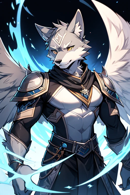 solo, Male, 16, wolf, grayish-blue fur, light blue fur, dark gray markings, amber eyes, light blue sectoral heterochromia, leathery wings, pale gray to light brown, wolf ears, sharp canines, thin muscular build, predator's grace, tutelage, royal heritage, fiercely protective, eternal optimist, dry humor, gentle nature, enigma, silent guardian, cross-dimensional friendship, young, thin lean body,
