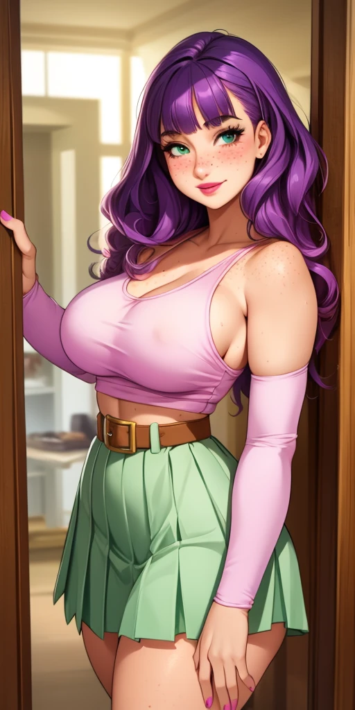 Beautiful medium breasts, 1girl, ((purple hair, wavy hair with bangs)) ((beautiful girl)) light green eyes, has an beautiful sensual body with freckles, with full breasts and thin waist, HIP HOP Beautiful and cute Long pleated skirt, red long-sleeved tank top, transparent sleeves women's belt, fabric delicate, has a bold appearance. young, quality, realistic, best quality, cute expression, pink lipstick lips, sexy smile, leaning, In the beautiful romantic house