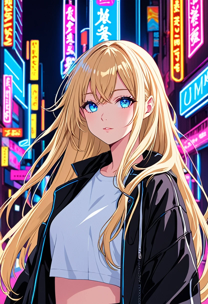 Anime young woman, blonde hair, fringe reparted in three parts, long and waivy hair, light and bright blue eyes, black simple and cute clothes, volumous chest, neon city background, neon lighting