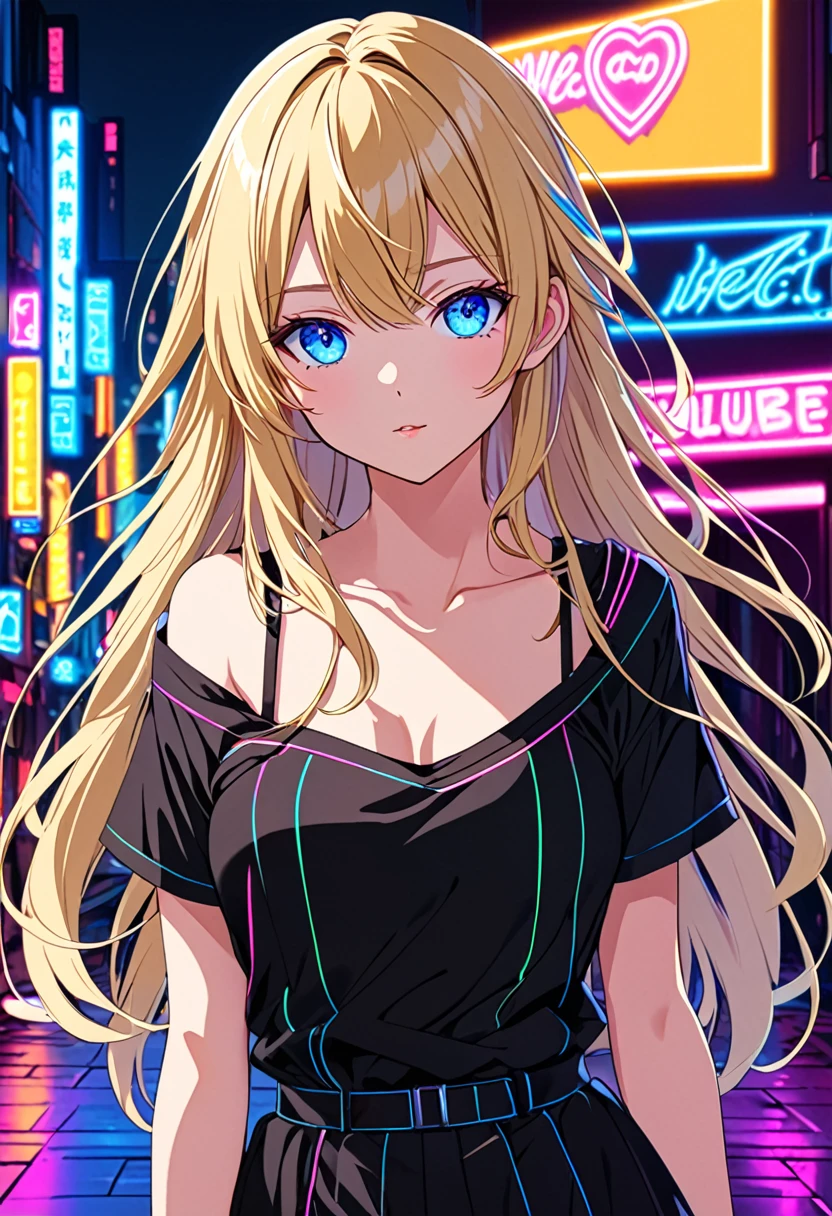Anime young woman, blonde hair, fringe reparted in three parts, long and waivy hair, light and bright blue eyes, black simple and cute clothes, volumous chest, neon city background, neon lighting