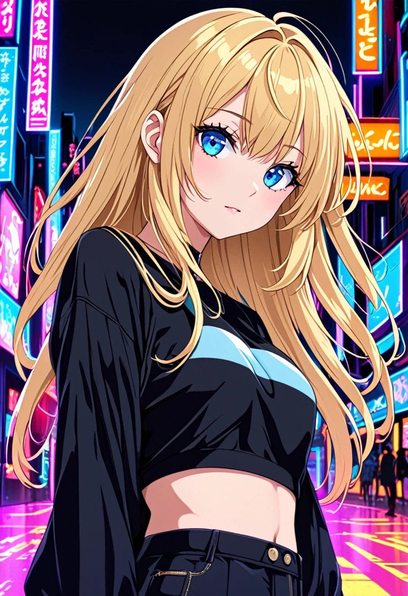 Anime young woman, blonde hair, fringe reparted in three parts, long and waivy hair, light and bright blue eyes, black simple and cute clothes, volumous chest, neon city background, neon lighting