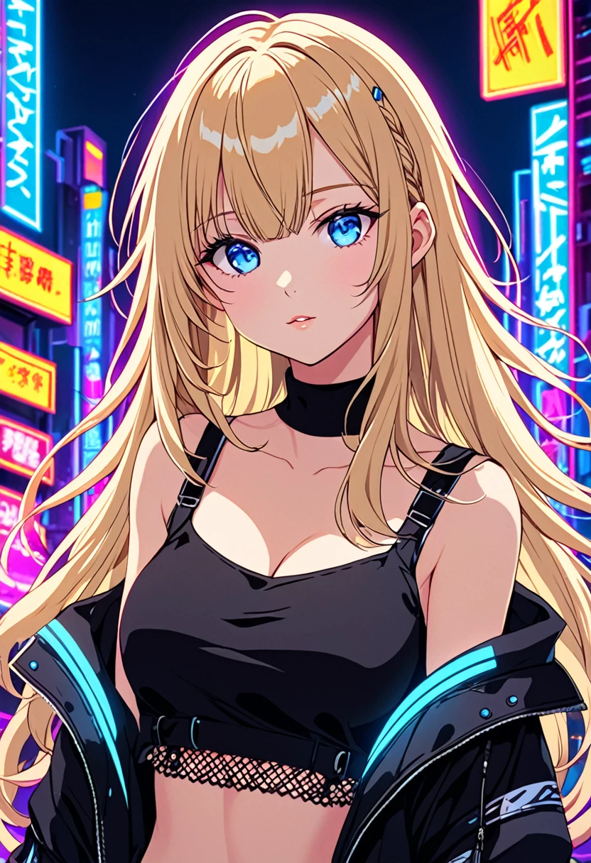 Anime young woman, blonde hair, fringe reparted in three parts, long and waivy hair, light and bright blue eyes, black simple and cute clothes, volumous chest, neon city background, neon lighting