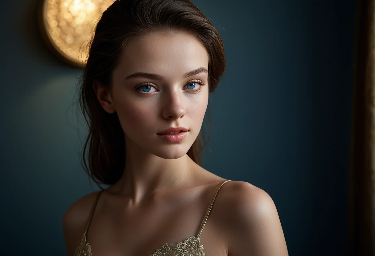 (Masterpiece, Best Quality, Highres:1.2), RAW photo, photorealistic, natural light, epiC Realism, TXT2IMG, full realism, (close up portrait of a beautiful cute skinny 19 years old, Swedish buisiness woman, seductive eyes, studio lighting professionally color graded. you wanna merry her) skin pale model, Georgy, a stunning beauty, sits elegantly with artistic precision, professionally color-graded for maximum impact. The framing of the shot captures Georgy's natural proportions, adhering to the Golden Ratio, creating an air of serenity and beauty. her pale white skin glowing in the warm, bright soft diffused light. skin colour ( pale White skin) photorealistic, realistic, best quality, 4K, masterpiece, extremely detailed, highly detailed, natural make-up, cute, pretty, attractive, glamorous, sensual, long dark hair, blue eyes, Athletic body, fair skin, vellus hair, realistic chest, thin build, wearing makeup, eyeshadow, eyeliner, rouge, Natural proportions ,Skin hairs , Rough skin, Cellulite, Blisters skin, Shiny skin ,skin texture , skin highly detailed ,skin texture detailed, Skin bristles, Skin goosebumps, Skin chills ,Grainy skin , cinematic lighting, stunningly beautiful, intricate ,Shiny lips, (professionally color graded), (bright soft diffused light),(extremely detailed 8k wallpaper), mood lighting, high quality, film grain, Fujifilm XT3 sharp focus, f 5.6, 50mm, High Detail, Sharp focus,(dark light), boudoir lighting, sits elegantly with artistic precision, her pale skin glowing in the warm, bright soft diffused light. Every detail of her skin is intricately rendered: Skin pores details, Hair follicles, skin cells, skin wrinkles, healthy skin, perfect body, Skin pores, skin wrinkles, healthy skin, skin texture, Light shine on the skin, realistic natural body anatomy and pale white skin, skin bristles, all visible under the cinematic lighting. She wears a black dress with thin straps and elegant gold embroidery