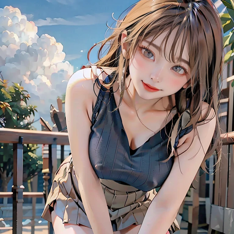 ((((highest quality)))), (((Ultra-precision CG 16K))), (((masterpiece))), (((Very detailed))), (((Extremely detailed))), (((Black outline:1.3, Written boundary depth:1.3 , Written soft outline))), Maximum clarity and sharpness,Multilayer Texture, Surface Shading, Cinematic lighting, Beautiful details sparkle ,Perfect Proportions, Limited to three woman, BREAK accurate, Anatomically correct, Highly detailed face and skin texture, drawn in detail, Highly detailed facial and skin texture, Detailed eyes, beautiful hair, Beautiful Japanese Idol face, Beautiful and beautiful eyes, Beautiful body, Beautiful breasts, Beautiful thighs, Beautiful legs, Beautiful fingers, (Beautiful views) , skinny body, ((Beautiful Skin)), ((Skin Texture)) BREAK breast enlarged, medium Breasts, rocket breasts, (((perky breasts))), ((covered nipples)), slender waist, (smiling , narrow eyes, blush, determined expression, hot, sweaty , Heavy breathing,) BREAK (((wearing oversized character printed tank top, wearing Jersey in a casual way, wearing pleats mini-skirt, breasts is covered by outfit))) , wearing earrings, BREAK ( stick breast out),(((looking at viewer, super detailed background , cumulonimbus of summer sky, high school student standing quietly and put hands in the pocket at vivid green Vast grasslands , ((closeup face)), from random angles ))),