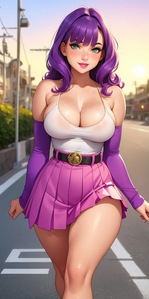 Beautiful medium breasts, 1girl, ((purple hair, wavy hair with bangs)) ((beautiful girl)) light green eyes, has an beautiful sensual body with freckles, with full breasts and thin waist, HIP HOP Beautiful and cute Long pleated skirt, red long-sleeved tank top, transparent sleeves women's belt, fabric delicate, has a bold appearance. young, quality, realistic, best quality, cute expression, pink lipstick lips, sexy smile, leaning, Walking on the sidewalk near the beach