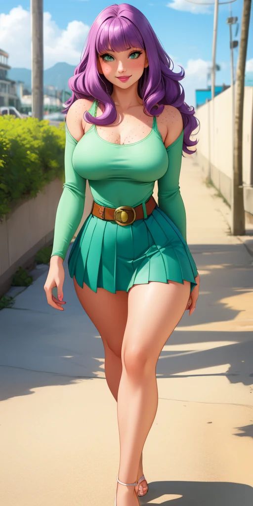Beautiful medium breasts, 1girl, ((purple hair, wavy hair with bangs)) ((beautiful girl)) light green eyes, has an beautiful sensual body with freckles, with full breasts and thin waist, HIP HOP Beautiful and cute Long pleated skirt, red long-sleeved tank top, transparent sleeves women's belt, fabric delicate, has a bold appearance. young, quality, realistic, best quality, cute expression, pink lipstick lips, sexy smile, leaning, Walking on the sidewalk near the beach