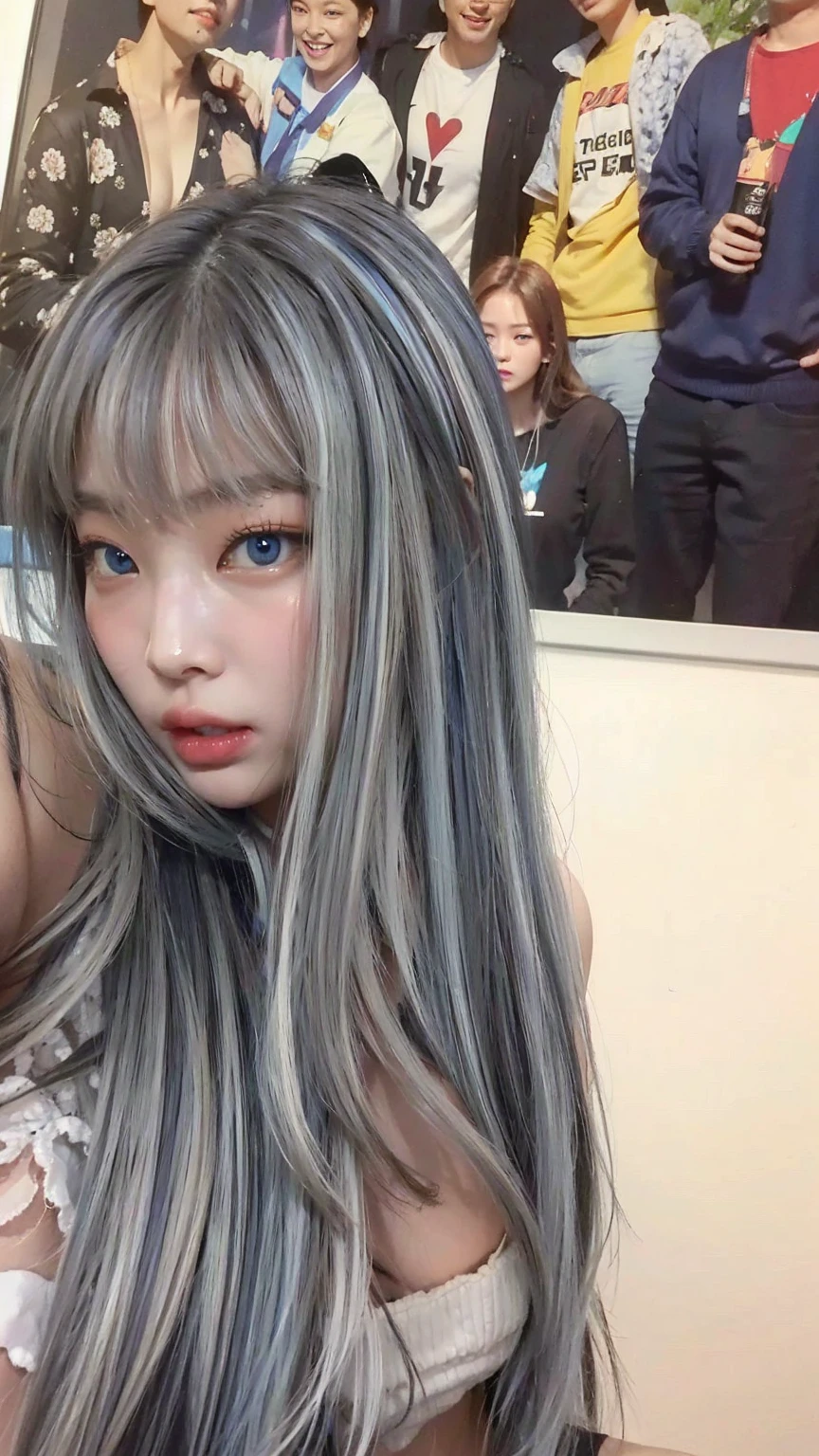 JennyKim, longye hair, bangss, blue colored eyes, black hair with several white highlights