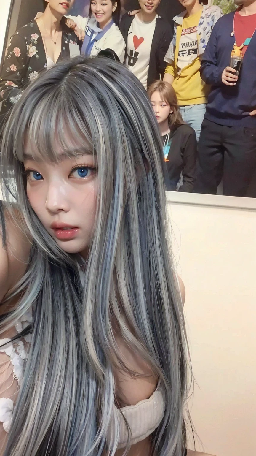 JennyKim, longye hair, bangss, blue colored eyes, black hair with several white highlights