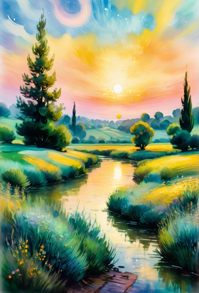 Micro peace, serene landscape, watercolor painting, calming, tranquility, Claude Monet, Vincent van Gogh, soft light, sunset, pastel colors, impressionism, brush strokes, 50 mm camera, bokeh effect