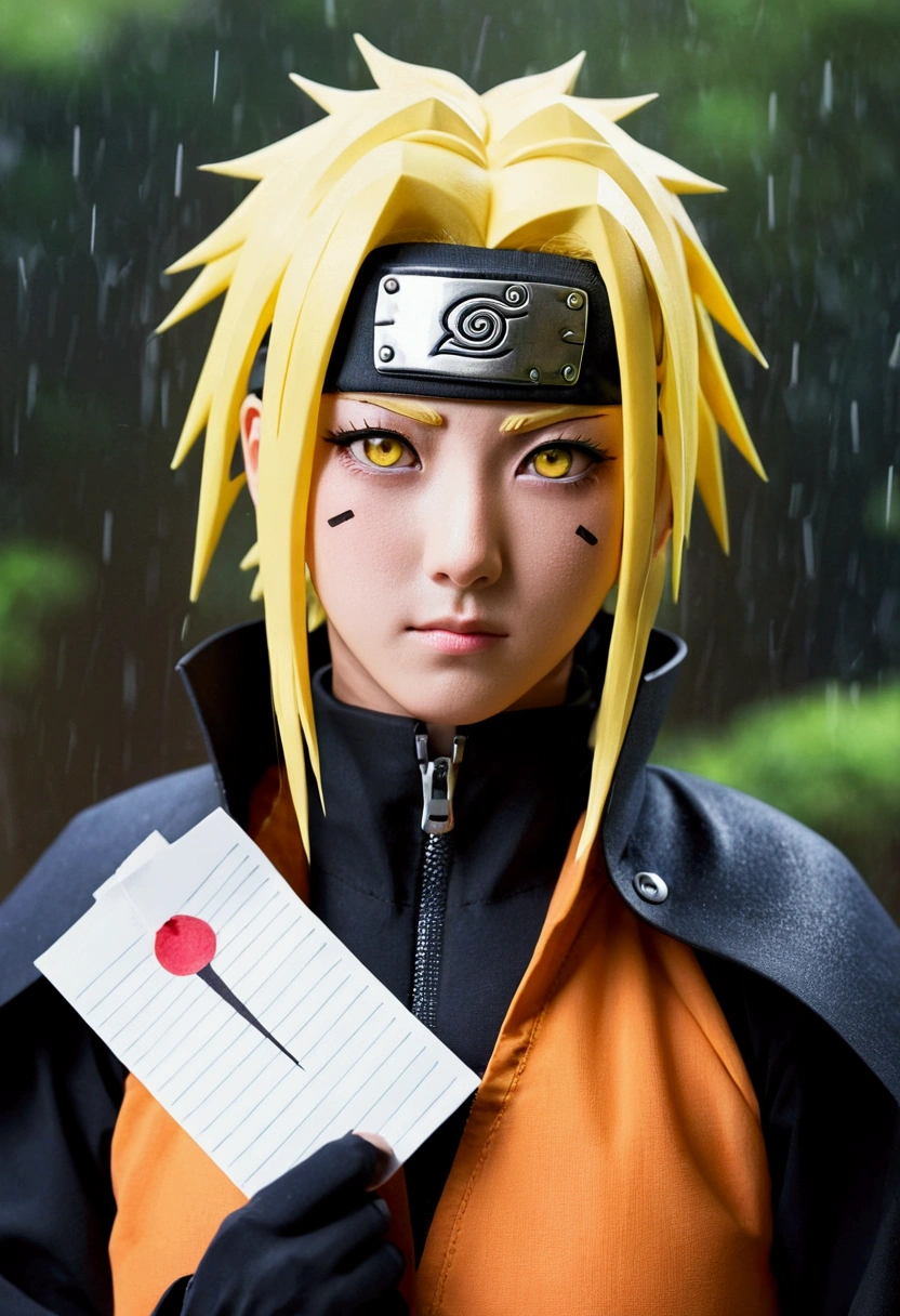 そof女 (naruTo), 1人of女of子, alone, chest, yellow_eye, upper_body, Looking_To_of_~ side, compensate, zipper, rain, paper, nose, open cloofs, paper jutsu, upper body, Akatsuki Costume, Labret Piercing 