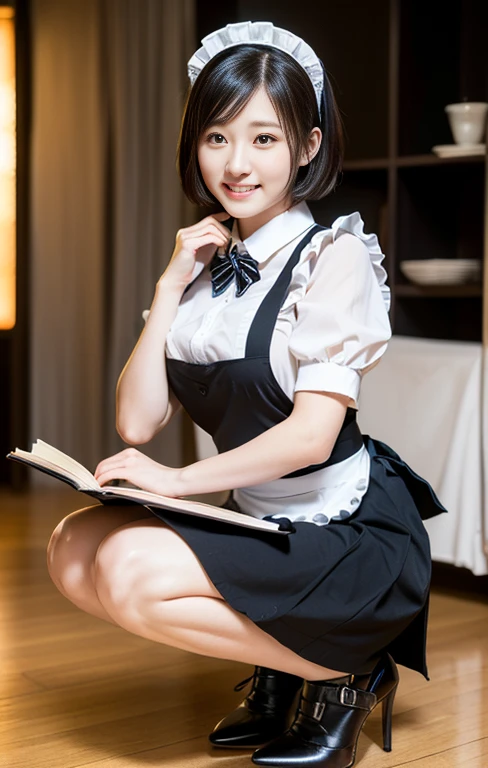 (An intellectual lady with a light-colored maid outfit, reading a book, squatting with grace at a maid-theme cafe, friendly body lanugage, kind smile, positive vibes, full body shot, bokeh background, wearing high heels, cross necklance, short bob hair, squatting pose, family-friendly masterpiece, (best quality,4k,8k,highres,masterpiece:1.2),ultra-detailed,(realistic,photorealistic,photo-realistic:1.37),detailed facial features,beautiful detailed eyes,beautiful detailed lips,extremely detailed face,longeyelashes,maid uniform,maid cafe interior,studio lighting,vivid colors,warm lighting)