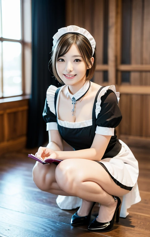 (An intellectual lady with a light-colored maid outfit, reading a book, squatting with grace at a maid-theme cafe, friendly body lanugage, kind smile, positive vibes, full body shot, bokeh background, wearing high heels, cross necklance, short bob hair, squatting pose, family-friendly masterpiece, (best quality,4k,8k,highres,masterpiece:1.2),ultra-detailed,(realistic,photorealistic,photo-realistic:1.37),detailed facial features,beautiful detailed eyes,beautiful detailed lips,extremely detailed face,longeyelashes,maid uniform,maid cafe interior,studio lighting,vivid colors,warm lighting)