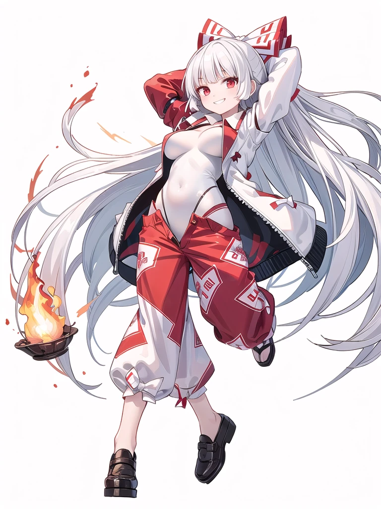 (((high quality))),(((masterpiece))),(((highly detailed))),((illustration style)),
(((fujiwara no mokou))),(touhou),(((red eyes))),(((long hair,white hair,bangs,hime cut)))),(((hair bow, white bow))),(((white leather jacket))),(((Flame Pattern print red full bodysuit))),((latex)), (shiny clothes:1.2),(((grin))),(((large breasts))),(((full body))),(((arm behind head))),(((model posing))),((((simple white background))),(((Angle from below)))