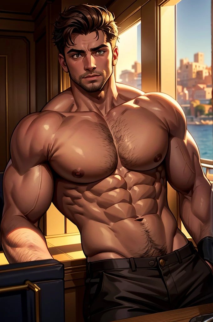 male, 18 year old young, rich heir, massive round juicy pecs, nice muscles, on luxury yacht, no body hair, model handsome face, no beard, highly detailed, photorealistic, 8k, cinematic lighting, dramatic composition, chiaroscuro lighting, Rembrandt lighting, dramatic shadows, warm color palette, golden hour lighting