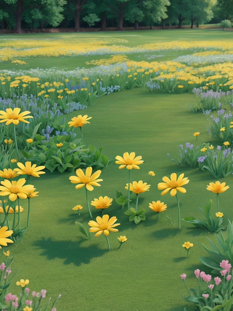 create a minimalist style image with paint strokes on the canvas. put small details about nature in pastel colors. place a delicate yellow flower in the center and an extensive lawn in the background.