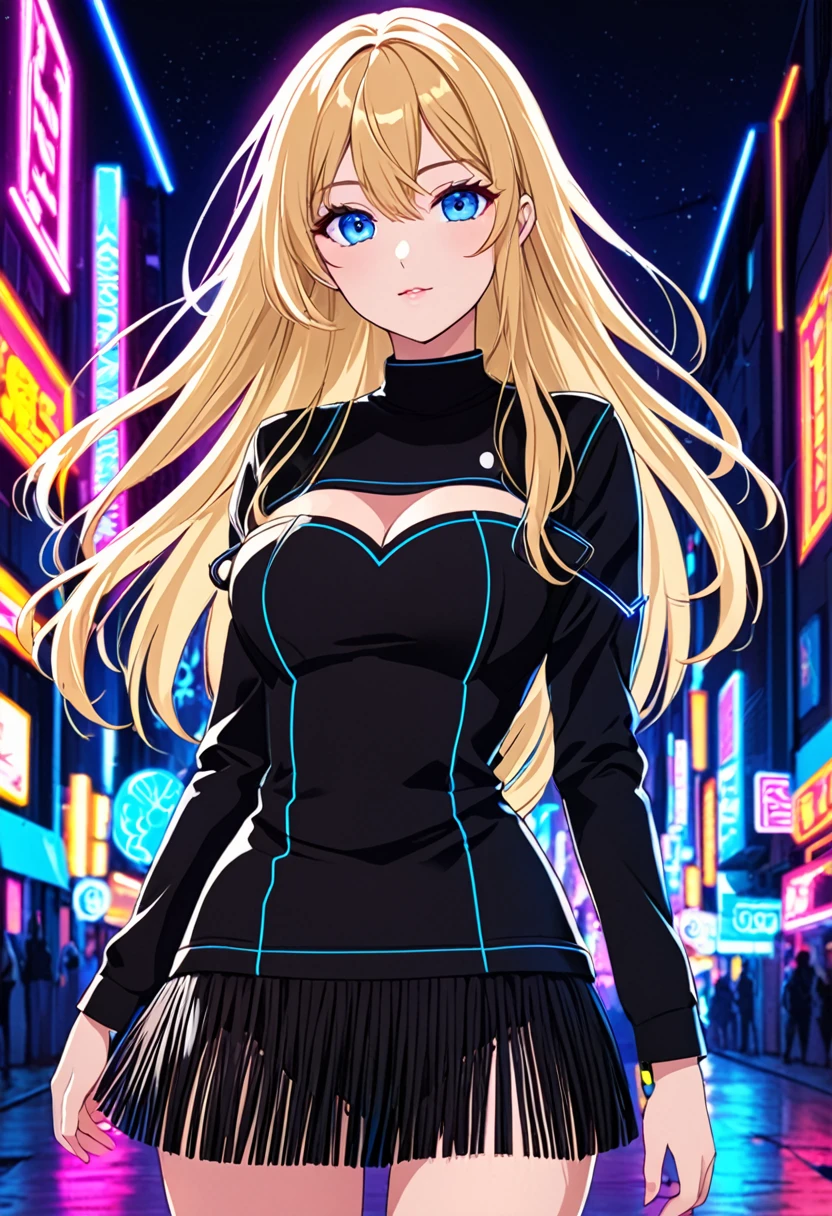 Anime young woman, blonde hair, fringe reparted in three parts, long and waivy hair, light and bright blue eyes, black simple and cute clothes, volumous chest, neon city background, neon lighting