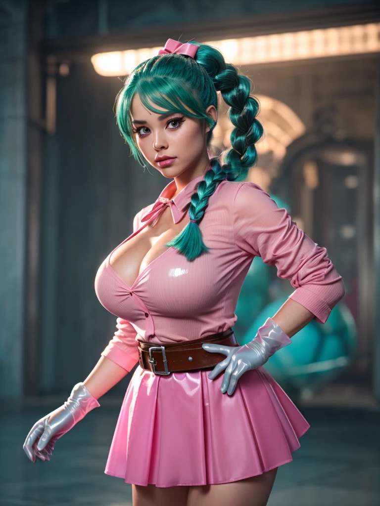 (ultra realistic,32 mil,CRU photo:1.1),(highly detailed skin:1.1), 8k hd, dslr, high qualiy, film grain, (make up, mascara:1.1), lips,(thick\lips\), , ultra detailed and ultra gigantic breasts: 1.3, super huge breasts: 1.3, ultra huge cleavage: 1.3
(translucent and shiny clothes:1.1), Dragon sphere, blmpony, aqua hair, hair ribbon, braided ponytail, pink blouse, waist belt, tissue, pink skirt, clothes writing, brown gloves,, Huge breasted,
(looking ahead at viewer, Bend forward:1.1),
(busty:1.1) , (plumpness:0.1),(volumetric lighting:1.1),dark theme, veil of illusions, sparkling illusions, changing reality, kingdom of cheaters