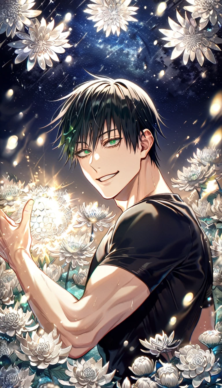 absurdres, highres, ultra detailed, HDR, master piece, best quality, extremely detailed, Fushiguro Touji, straight black hair, expressive green eyes, Jujutsu Kaisen, solo, sexy man, handsome, smile, black tight T-shirt, fantasy, water, sparkling, silver glittering fireflies, silver moon, silver blossoms, silver chrysanthemums, silver sparkling lights, starry sky, magical