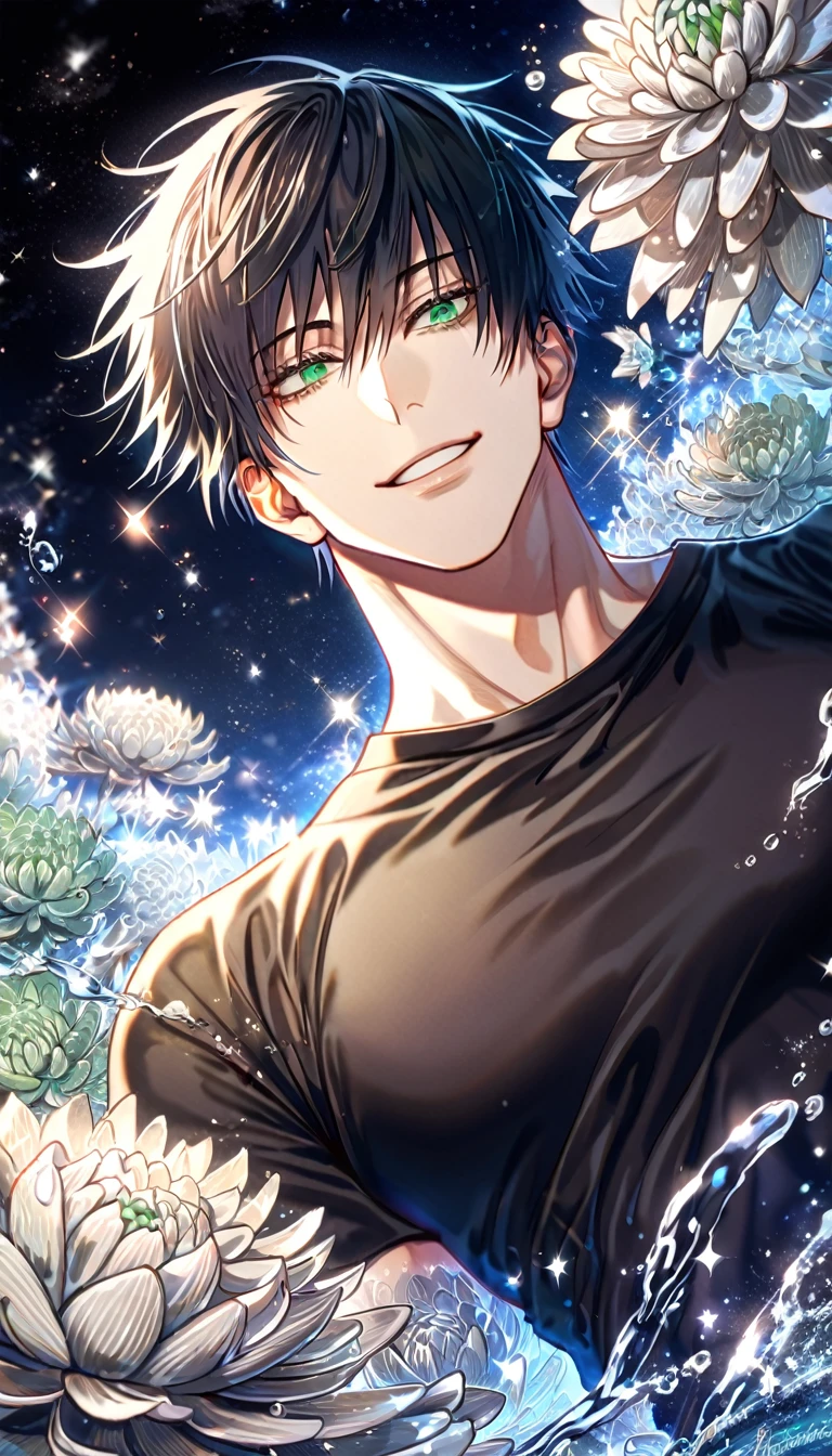 absurdres, highres, ultra detailed, HDR, master piece, best quality, extremely detailed, Fushiguro Touji, straight black hair, expressive green eyes, Jujutsu Kaisen, solo, sexy man, handsome, smile, black tight T-shirt, fantasy, water, sparkling, silver glittering fireflies, silver moon, silver blossoms, silver chrysanthemums, silver sparkling lights, starry sky, magical