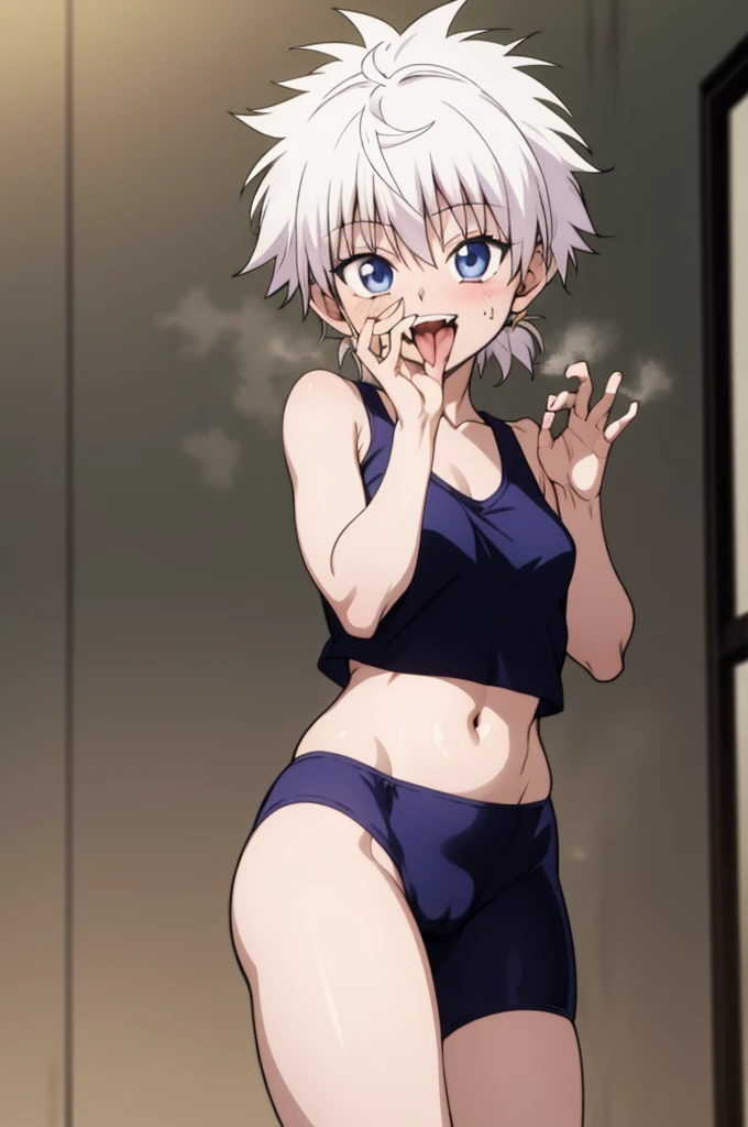 masterpiece, best quality, high quality, 1girl, solo, ,open mouth,tongue, looking at viewer, , killua_zoldyck, sports bra,bike shorts,small breasts,cowboy shot,sliver hair,(trembling:1.3),smile,cameltoe,blush