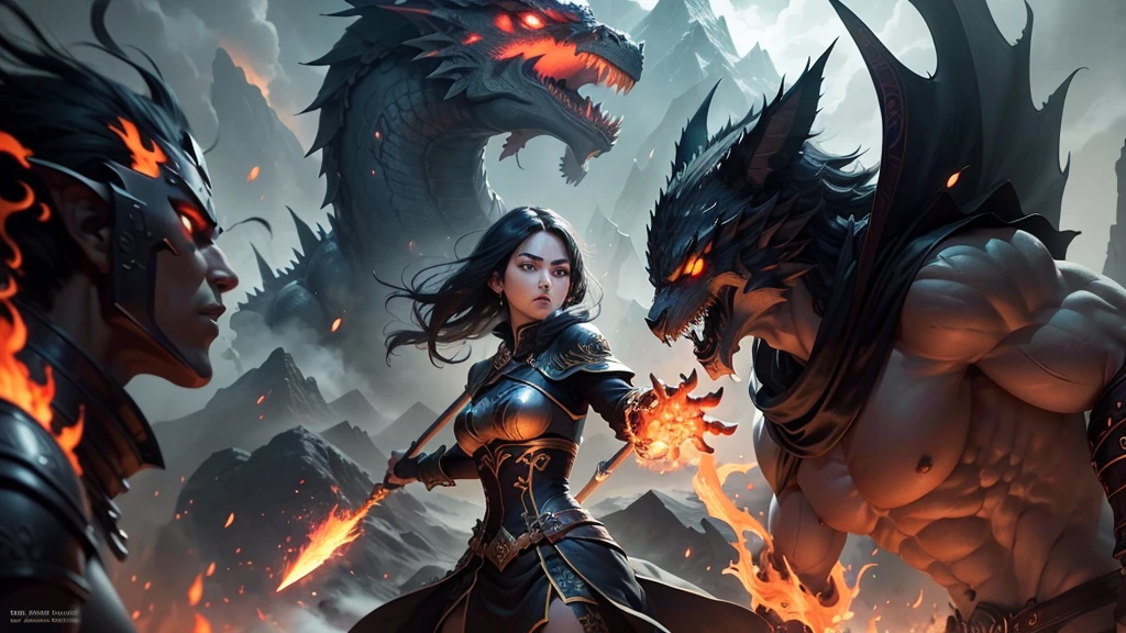 Title: Cover Art for "O Clã: Reino das Sombras"
Description:
"Create a dramatic and captivating cover art for the anime titled 'O Clã: Reino das Sombras.' The cover should feature the following elements:
Central Focus: A powerful and imposing figure representing the leader of the Dragon Clan, Kaida, in her intricately detailed battle attire with dragon symbols. She should be in a commanding pose, exuding strength and authority.
Background: The background should depict a dark and mysterious realm with a dramatic and stormy sky. Include elements of shadowy landscapes and towering mountains to reflect the 'Reino das Sombras' theme.
Supporting Characters: Surround Kaida with key members of the Dragon Clan in dynamic action poses. Show a few warriors in battle-ready stances, with one wielding a spear, another swinging a sword, and an archer ready to shoot.
Title Text: At the top or bottom of the cover, prominently display the title "O Clã: Reino das Sombras" in bold, stylized font that fits the fantasy theme. The text should be ornate and dramatic, perhaps incorporating dragon motifs or shadow effects.
Atmosphere: The overall atmosphere should be epic and intense, with high contrast between light and shadow to emphasize the conflict and grandeur of the story.
Color Scheme: Use a color palette with dark tones, such as deep blues, purples, and blacks, accented by fiery reds and golds to highlight the central figure and important elements."
