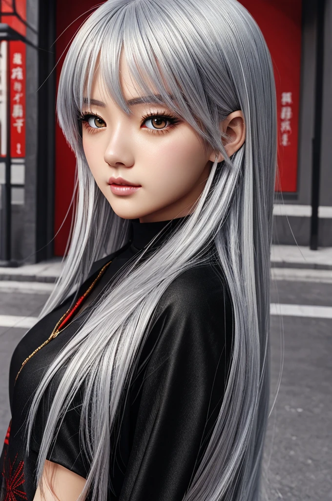 ((Highest quality)), ((masterpiece)), (detailed), Silver hair with red mesh、Black street fashion。
Golden eyes half-closed。Anime style illustration girl
