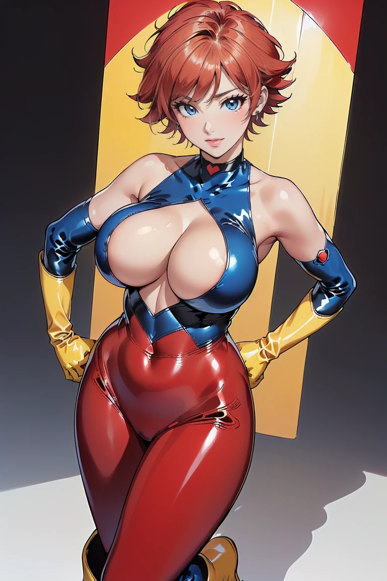 ((Masterpiece, top quality, high resolution, highly detailed CG unified 8K wallpaper)), (huge stunning goddess shot, very hot and sexy, jaw-dropping beauty, perfect proportions, beautiful body, slim body beauty:1.1), 1 woman, (cutie honey, Red hair, short hair, big eyes, Detailed face and eyes, staring at camera:1.3), (Blue and red tight suits, Detailed latex suit, glossy, blue tops, Red from belly to legs, Detailed, midrift top, cleavage cutout, cleavage, bare shoulders, bare backs, choker with heart symbol, yellow gloves, elbow gloves, yellow  boots, long boots, armlet:1.4), hands on hips, feet spread apart, smile, Dynamic angles, action poses,