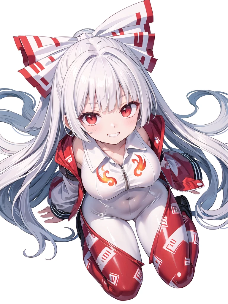 (((high quality))),(((masterpiece))),(((highly detailed))),((illustration style)),
(((fujiwara no mokou))),(touhou),(((red eyes))),(((long hair,white hair,bangs,hime cut)))),(((hair bow, white bow))),(((white leather jacket))),(((Flame Pattern print red full bodysuit))),((latex)), (shiny clothes:1.2),(((grin))),(((large breasts))),(((full body))),(((arm behind head))),(((model posing))),((((simple white background))),(((Angle from above)))