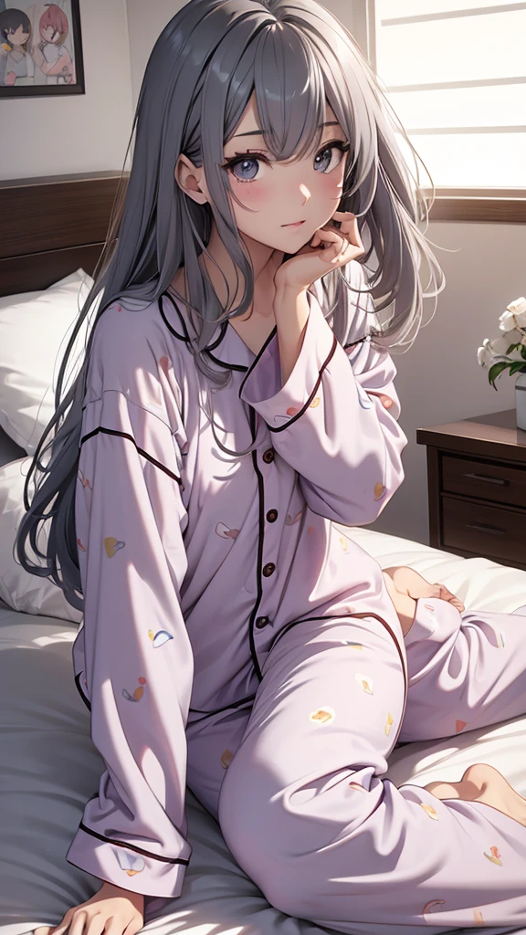 Gal、Wearing pajamas、Bedroom、Lying in bed、hair is gray、Around 25 years old、Anime style illustrations