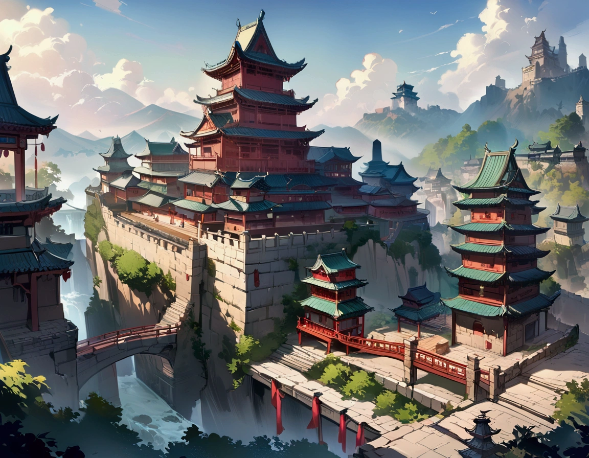 Highest quality,masterpiece,Chinese style castle,landscape,There are no humans,Fantasy,Charming streetscape,Concept Art,Fantasy,high resolution,4K,Atmospheric,Detailed Description