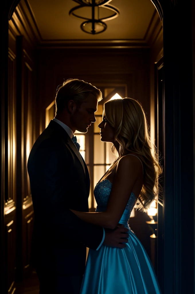 Silhouette of a blonde woman next to the silhouette of a blonde man holding her by the waist inside a mansion. Large background in dark tones and blue lights