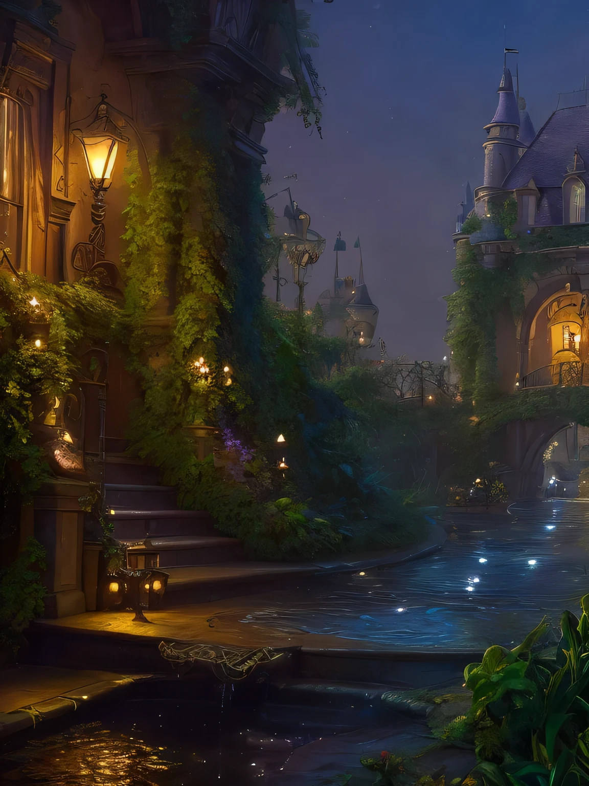 photographic background with motifs and details of Disney's princess and the frog, cinematographic lighting, 8k, super detailed