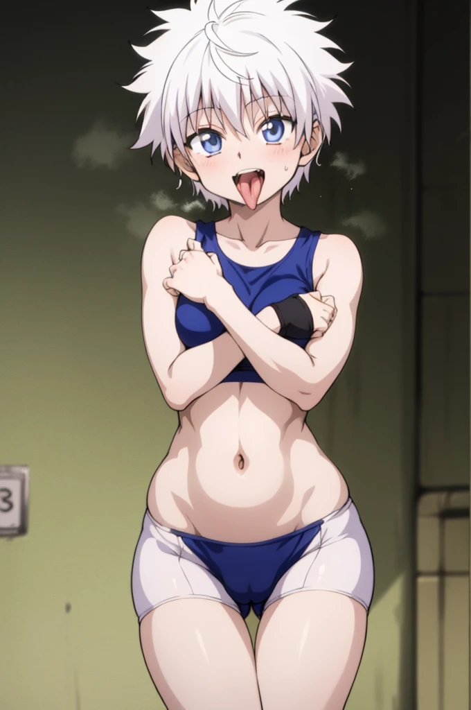 masterpiece, best quality, high quality, 1girl, solo, ,open mouth,tongue, looking at viewer, , killua_zoldyck, sports bra,bike shorts,medium breasts,cowboy shot,sliver hair,(trembling:1.3),smile,cameltoe,blush