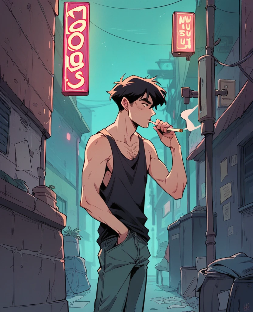Dark alleyway, , guy, slim, baggy clothes, black tank top, mullet, smoking, night, neon lights