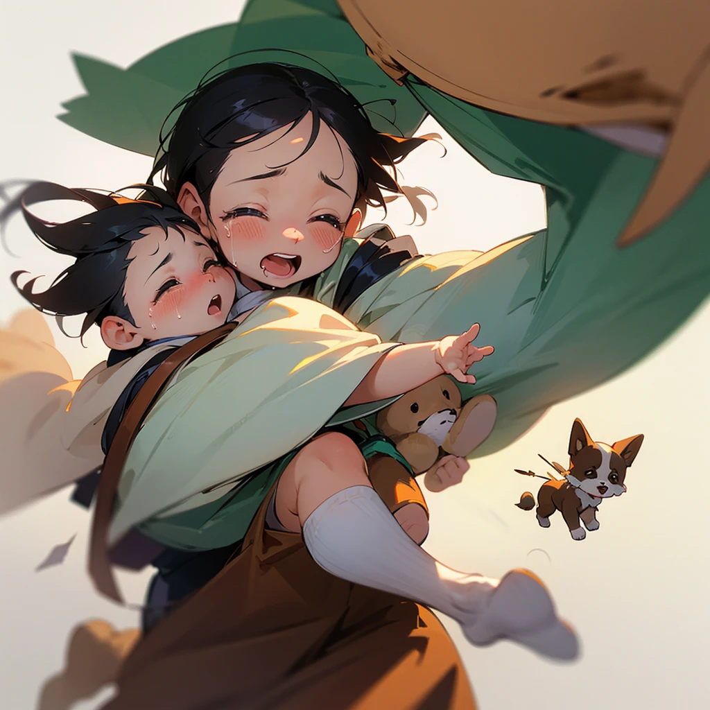 Baby cries and flies a puppy carries the baby Woof woof!