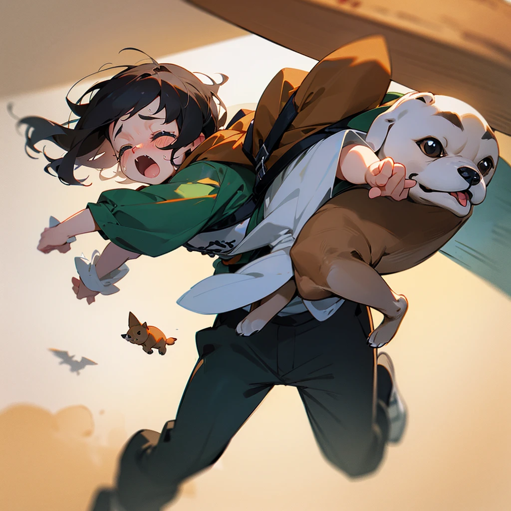 Baby cries and flies a puppy carries the baby Woof woof!